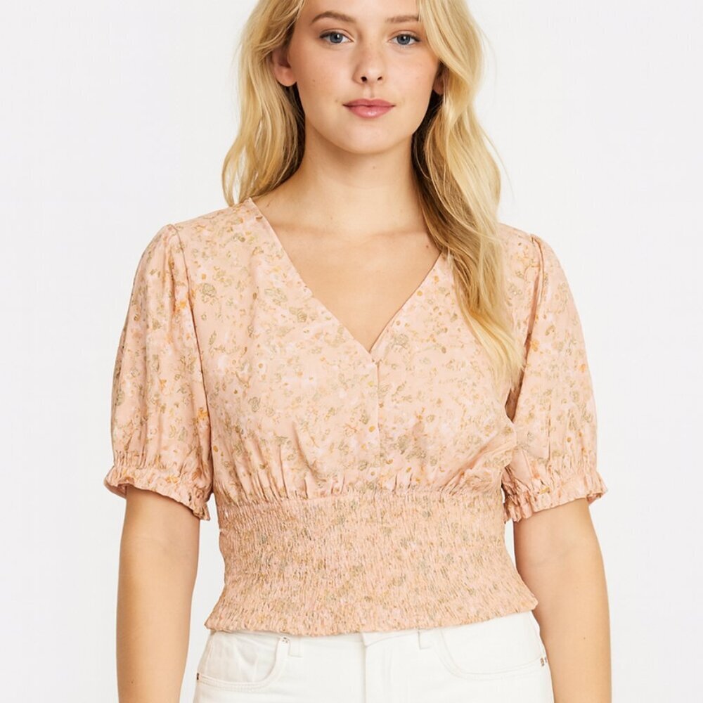 Madden Girl Ditsy Peach Floral Smocked V Neck Puff Sleeve Blouse - Picture 2 of 11